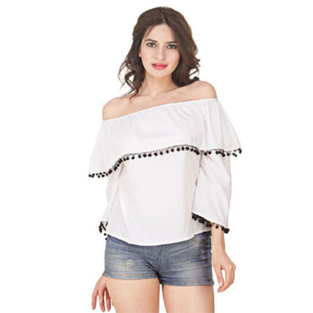 Lee's Kloset White Off The Shoulder Bell Sleeve Pom Pom Trim Women's Size Medium